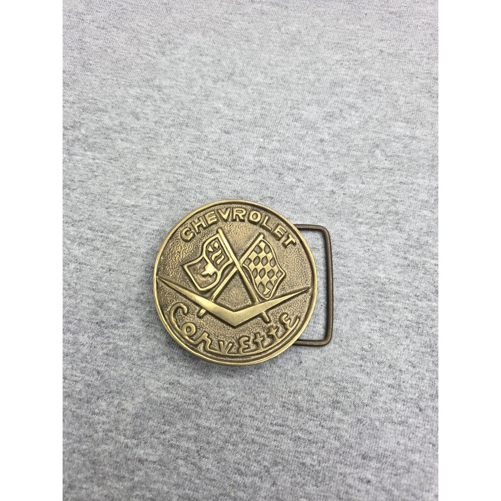 Vintage Solid Brass Antique Chevrolet Corvette Racing Logo Belt Buckle